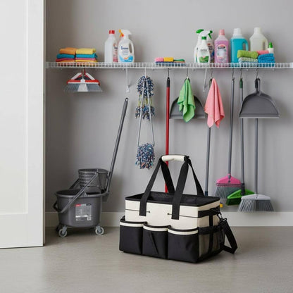 Janitorial Supply Bag Waterproof Housekeeping Tool Bag Portable Cleaning Supply Carrier for Housekeepers, Pink Black