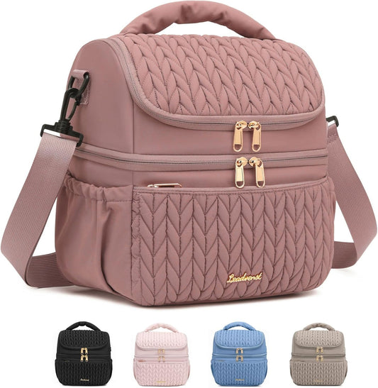 Lunch Bag Women, Double Deck Insulated Lunch Box - Large Capacity 12L with Detachable Divider for Tall Items, Leakproof, Durable & Reusable Cooler Bag For Work Picnic Travel, Quilted Pink