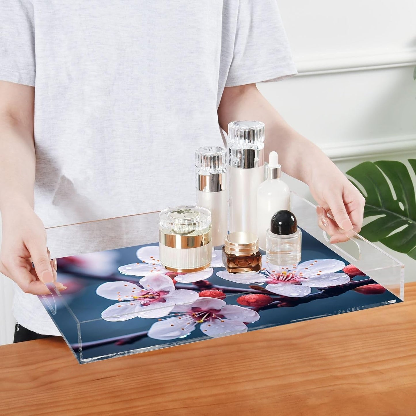 Plastic Food Serving Tray Decorative Vanity Trays for Bathroom Peach Blossom Coffee Table Kitchen Counter 11.8 * 15.7in