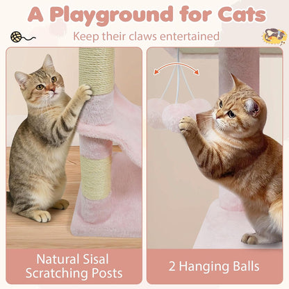Tangkula Pink Cat Tree, 44 Inch Multi-Level Cat Tower with Sisal Scratching Posts, 2-Door Condo, Padded Top Perch & Hammock, 2 Hanging Balls, Jumping Platforms for Indoor Cats (Pink)