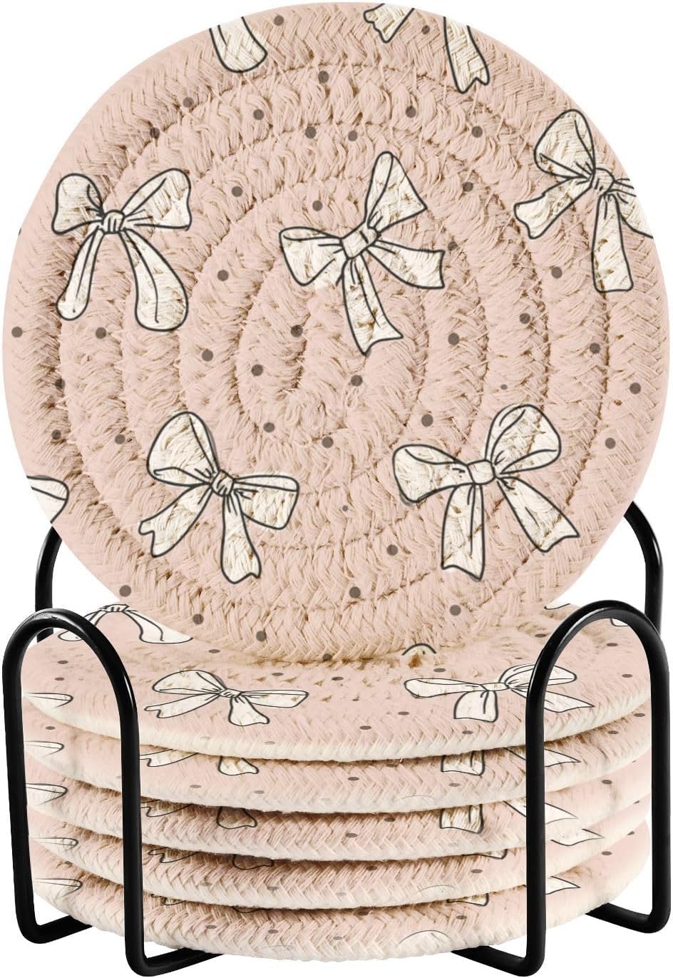 Bar Coasters for Drink with Holder Cute Bow Light Pink Coaster Set of 6 Cotton Woven Coaster for Coffee Table, Bistro Tabletop,Kitchen Home Decor