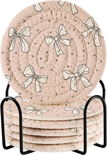Bar Coasters for Drink with Holder Cute Bow Light Pink Coaster Set of 6 Cotton Woven Coaster for Coffee Table, Bistro Tabletop,Kitchen Home Decor