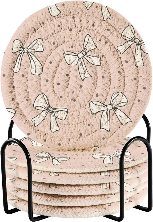 Bar Coasters for Drink with Holder Cute Bow Light Pink Coaster Set of 6 Cotton Woven Coaster for Coffee Table, Bistro Tabletop,Kitchen Home Decor