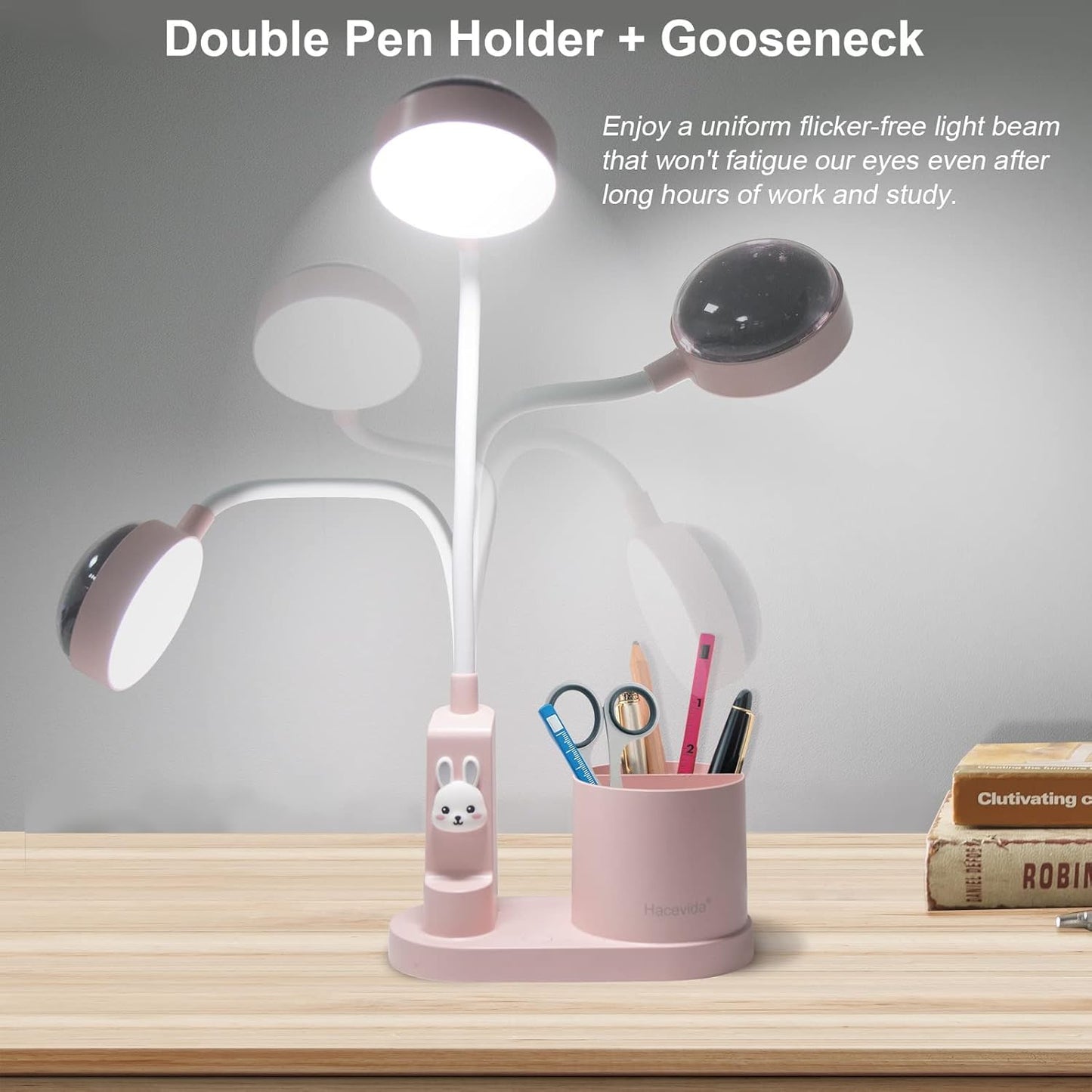 LED Kids Desk Lamp, Small Cute Table Light with Pen Holder, Pink Bedside Gooseneck Lamp, Star Projector, Eye Caring, Rechargeable Reading Study Lamp for Home Office College Dorm Accessories