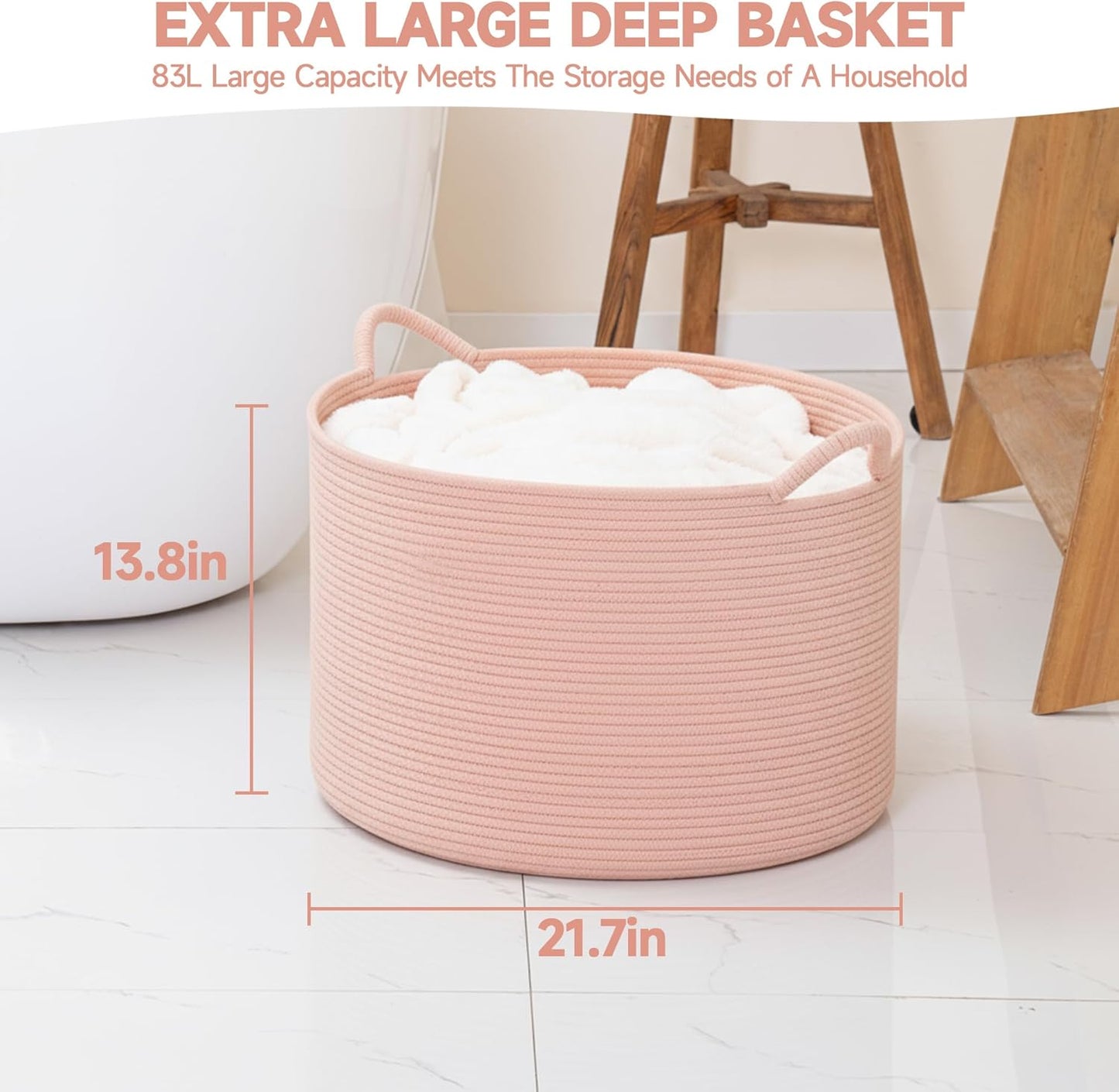 CLHMILY&Z Round Cotton Rope Storage Basket in Living Room, Bedroom, Laundry Room for Toy, Clothes, Blanket, Pillow (Pink, XLarge(14.2"x22"))
