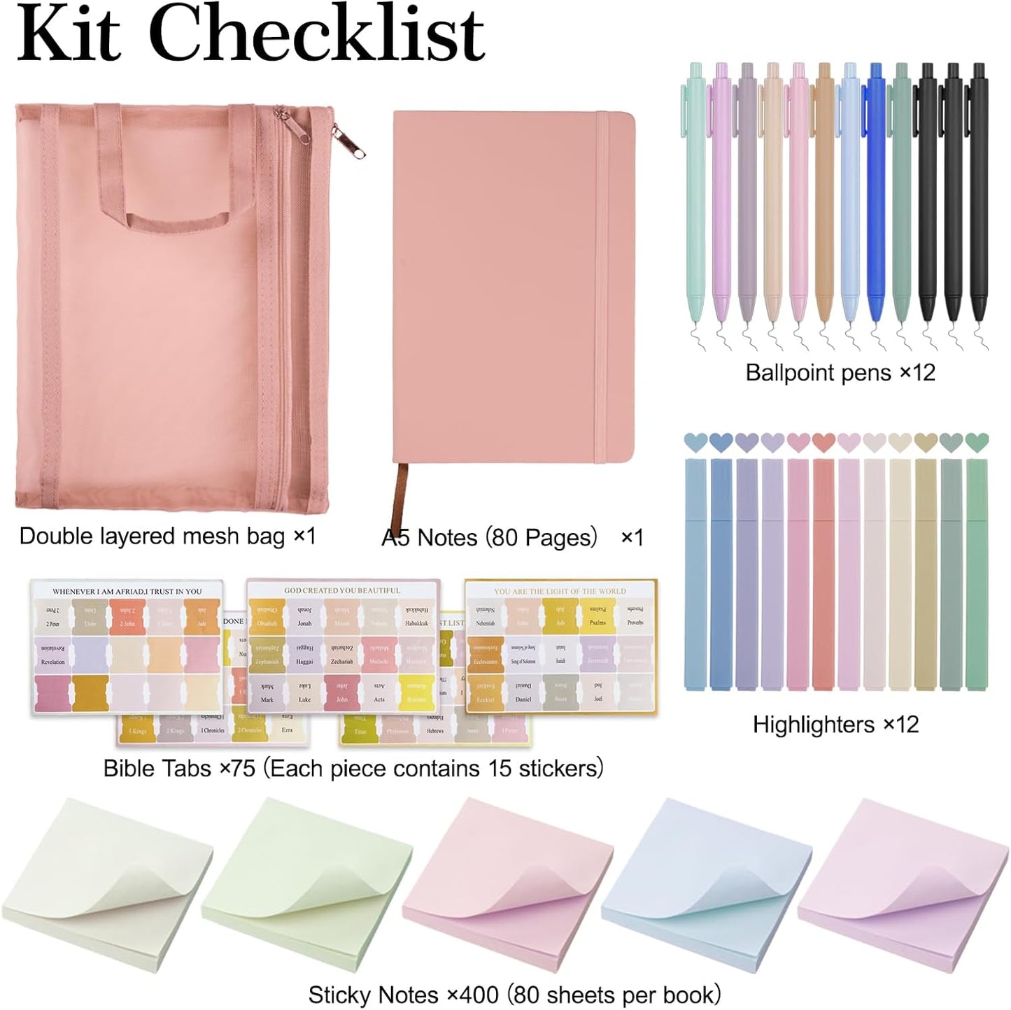 Bible Study Supplies,Bible Journaling Kit,Bible Study Kit with Journal,12 No Bleed Highlighters,12 Gel Pens,75 Tabs, 400 Sticky Notes,Christian Gifts for Women Men (Pink)