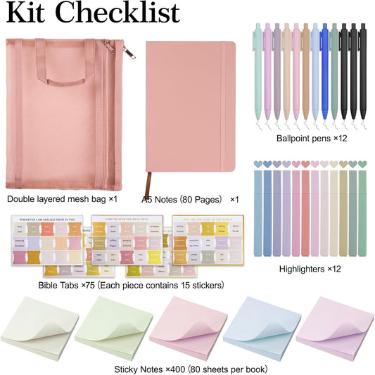 Bible Study Supplies,Bible Journaling Kit,Bible Study Kit with Journal,12 No Bleed Highlighters,12 Gel Pens,75 Tabs, 400 Sticky Notes,Christian Gifts for Women Men (Pink)