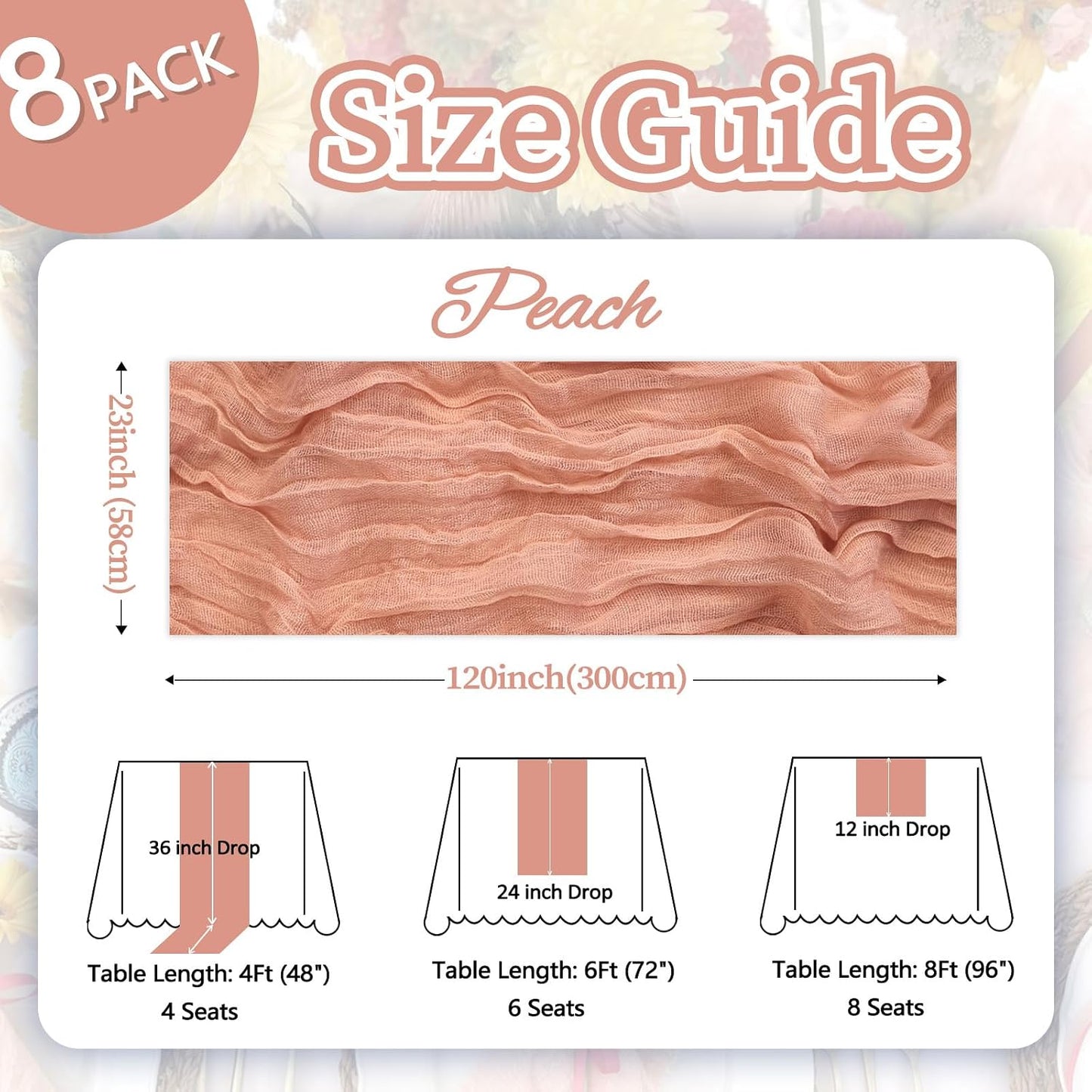 8 Pack Peach Cheesecloth Table Runner 10ft Boho Gauze Fabric 120 Inch Cheese Cloth Table Runner Rustic Sheer for Holiday Baby Shower Party Décor Home Wedding Decoration