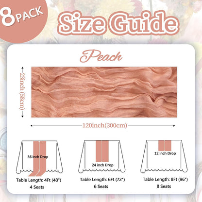8 Pack Peach Cheesecloth Table Runner 10ft Boho Gauze Fabric 120 Inch Cheese Cloth Table Runner Rustic Sheer for Holiday Baby Shower Party Décor Home Wedding Decoration