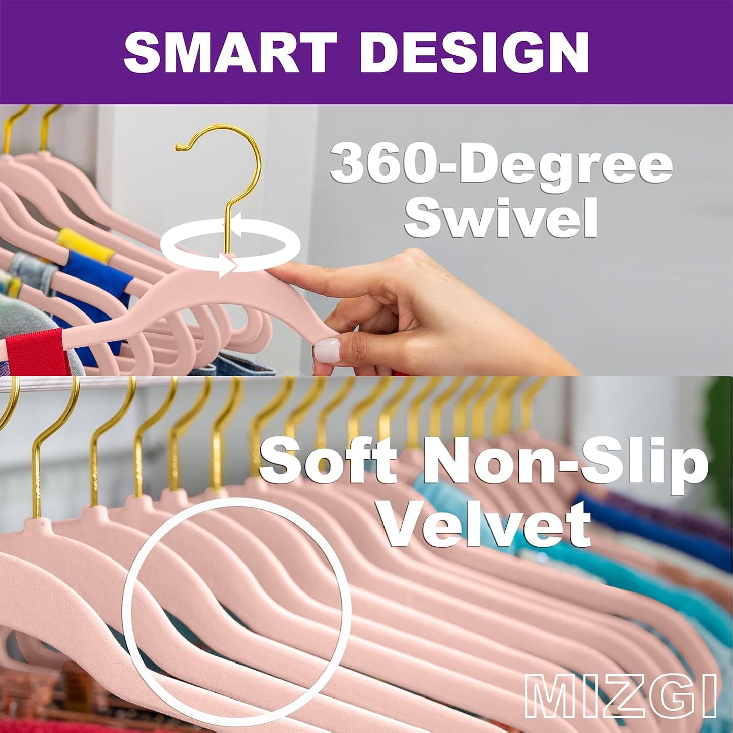 MIZGI Blush Pink Velvet Hangers 60 Pack,Premium Gold Clothes Hangers Non-Slip Felt Hangers,Sturdy Pink Hangers Heavy Duty Coat Hangers,Durable Suit Hangers for Space Saving, No Hanger Marks