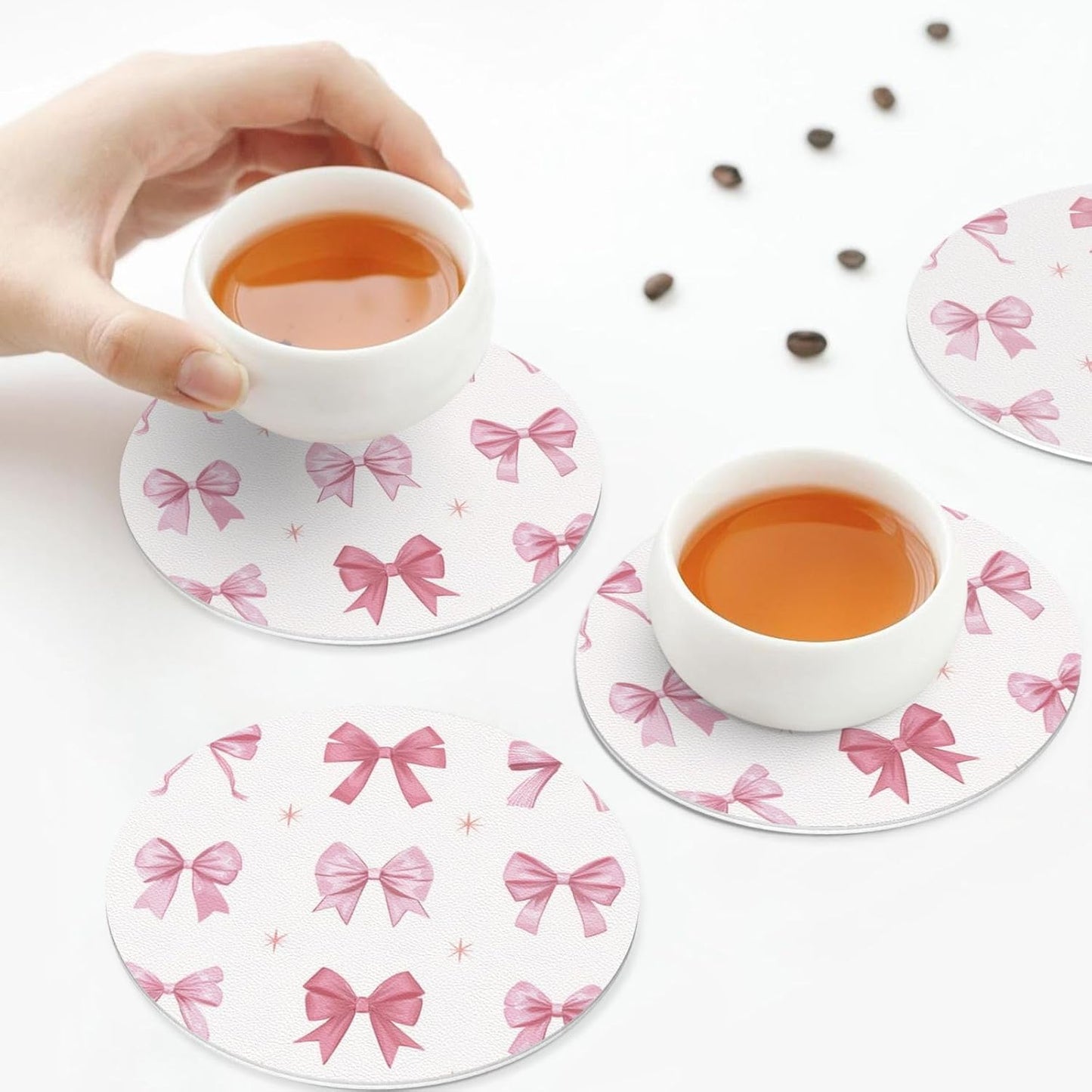 Nine Light Pink Bows Drinks Coasters Set of 4 Leather Drink Coasters for Tabletop Protection Heat Resistant Bar Cup Mat Pad