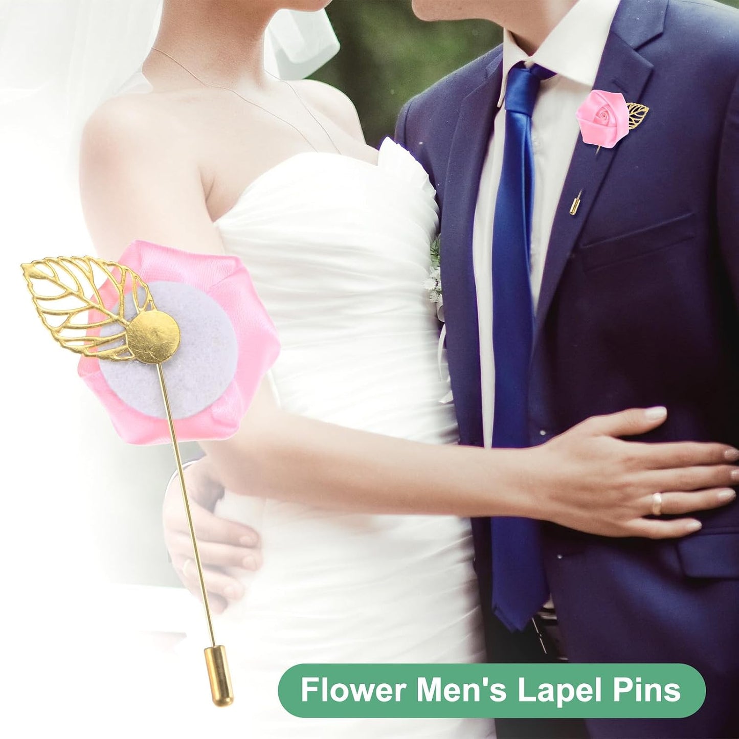 M METERXITY 12-Pack Flower Lapel Pins for Men, Golden Leaf Rose Boutonnieres Pin for Wedding/Dance/Party, Mens Lapel Pins for Suits Satin Flower Corsage Hat Pins [Pink]