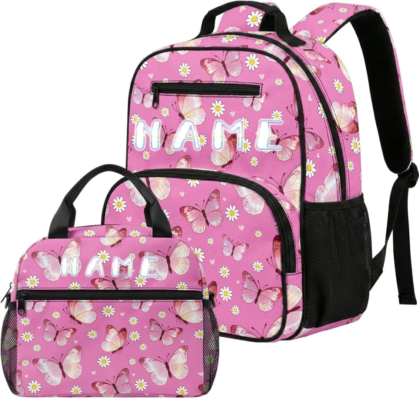COEQINE Customized Backpack for Kids Girls School with Lunch Box Preschool Butterfly Pink Floral Girls Bookbag Ages 4-6-8-10 Kindergarten with Water Bottle Side Pocket Diaper Bag Backpack,13 In
