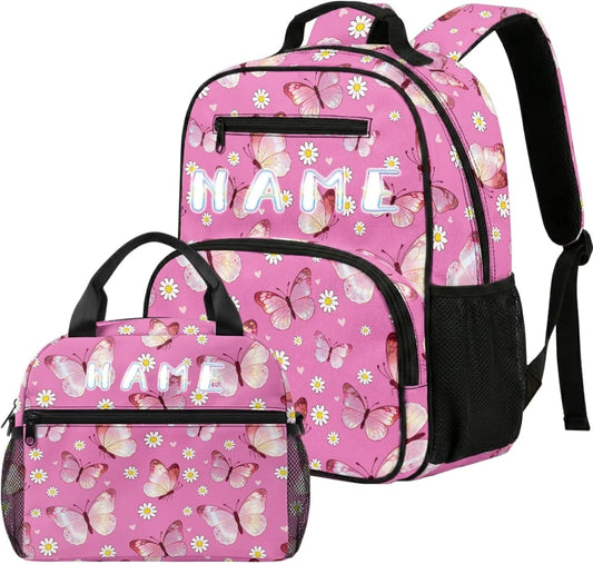 COEQINE Customized Backpack for Kids Girls School with Lunch Box Preschool Butterfly Pink Floral Girls Bookbag Ages 4-6-8-10 Kindergarten with Water Bottle Side Pocket Diaper Bag Backpack,13 In