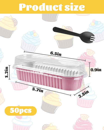 Mini Cake Pans with Lids & Spoons, 6.8oz 50 Pack Aluminum Mini Loaf Pans, Oven Safe Disposable Baking Tins for Brownie Cheesecake Lasagna,Pink