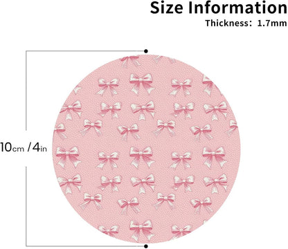 Leather Coasters Set of 4 - Ribbon Bow Pink Print Lightweight Drink Coasters for Desk, Non-Slip Anti-Scalding Desk Coaster Cup for Table Office Decor