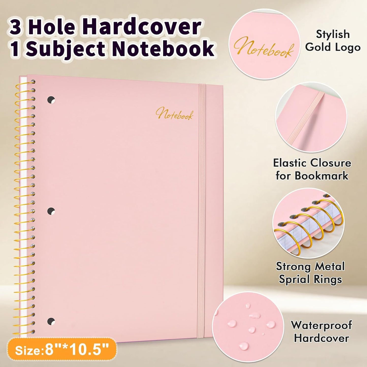 Spiral Notebook College Ruled Paper 8" x 10-1/2", 1 Subject Spiral Notebook 80GSM Paper, 3-Hole Punched Perforated Pages Ideal for School, Office, Writing, 75 Sheets Lined Journaling Notebook, Pink
