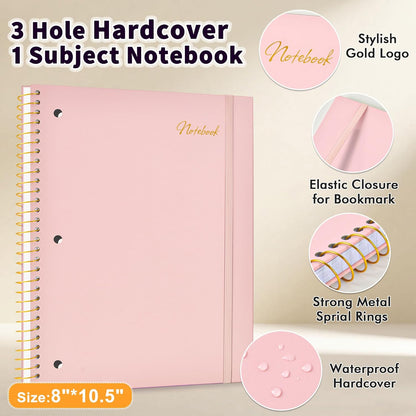 Spiral Notebook College Ruled Paper 8" x 10-1/2", 1 Subject Spiral Notebook 80GSM Paper, 3-Hole Punched Perforated Pages Ideal for School, Office, Writing, 75 Sheets Lined Journaling Notebook, Pink