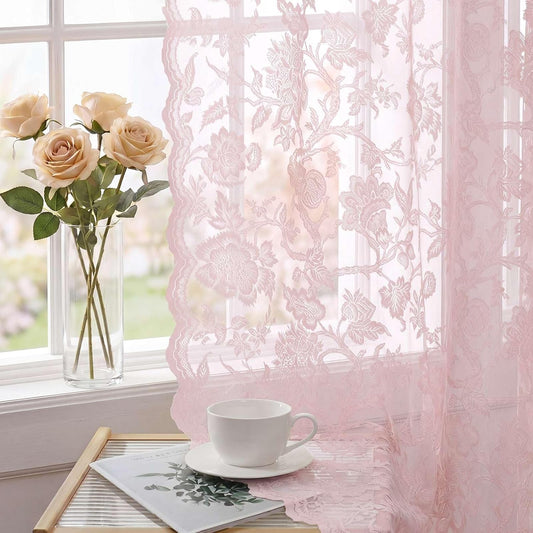 H.VERSAILTEX Vintage Lace Curtains 84 Inch Length 2 Panles, Victorian Floral Pretty Elegant for Girls Room Light Filtering Privacy Semi Sheer Lace Drapes with Rod Pocket, 52" W x 84 "L, Light Pink