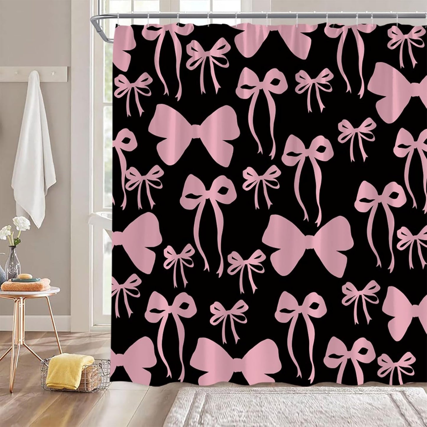 Pink Bow Shower Curtain Cute Bowknot for Girls Woman Modern Aesthetic Lovely Fabric Bathroom Decor Curtain with Hooks,70Wx70H Inches