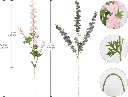 Delphinium Artificial Flowers and Eucalyptus Stems Combo, 6PCS Long Stem Faux Flowers for Tall Vase,Silk Larkspur for Engagement Party Wedding Baby Shower Home Seasonal Decoration(Light Pink)