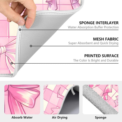 Pink Bow Dish Drying Mat, Absorbent Microfiber Kitchen Counter Mat, Dish Drying Pad for Dishes, 16"x18"