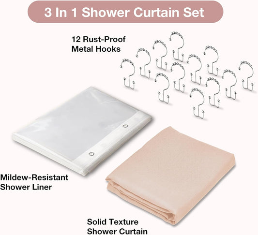 3 in 1 Shower Curtain Set, Pink Shower Curtain and Liner Set with 12 Double Sided Shower Curtain Hooks, Cloth Shower Curtains for Bathroom,Waterproof, 72" W*72" H