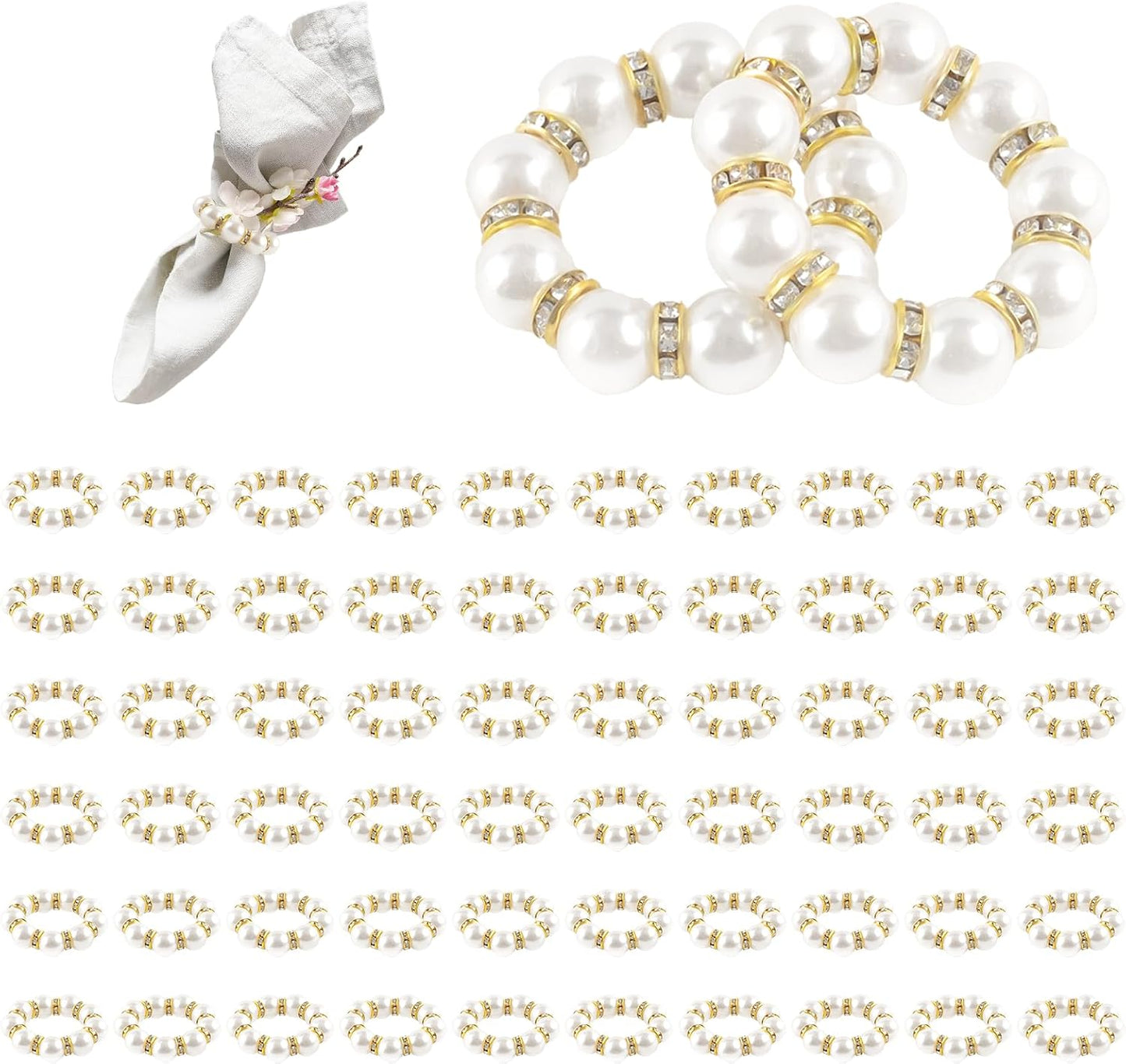 60 Pcs Wedding Pearl Napkin Rings Imitation Pearl Beaded Napkin Rings Holder Silver White and Gold Elastic Dinner Table Decor Rhinestone Serviette Rings for Table Party Decorations
