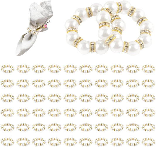 60 Pcs Wedding Pearl Napkin Rings Imitation Pearl Beaded Napkin Rings Holder Silver White and Gold Elastic Dinner Table Decor Rhinestone Serviette Rings for Table Party Decorations