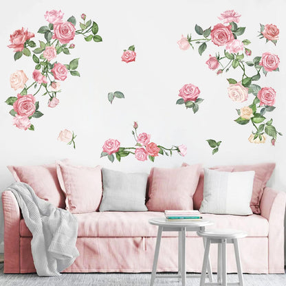 decalmile Pink Rose Flower Wall Decals Floral Vine Wall Stickers Living Room Bedroom Nursery Wall Decor Gifts for Her Mom