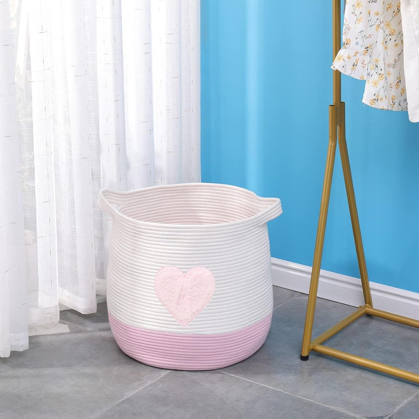 Large Cotton Rope Basket, Woven Storage Basket for Toy, Laundry and Blanket Organizer Basket, Round Hamper Basket with Handles for Kid's Room 17.7"x16.9" (Pink Heart)