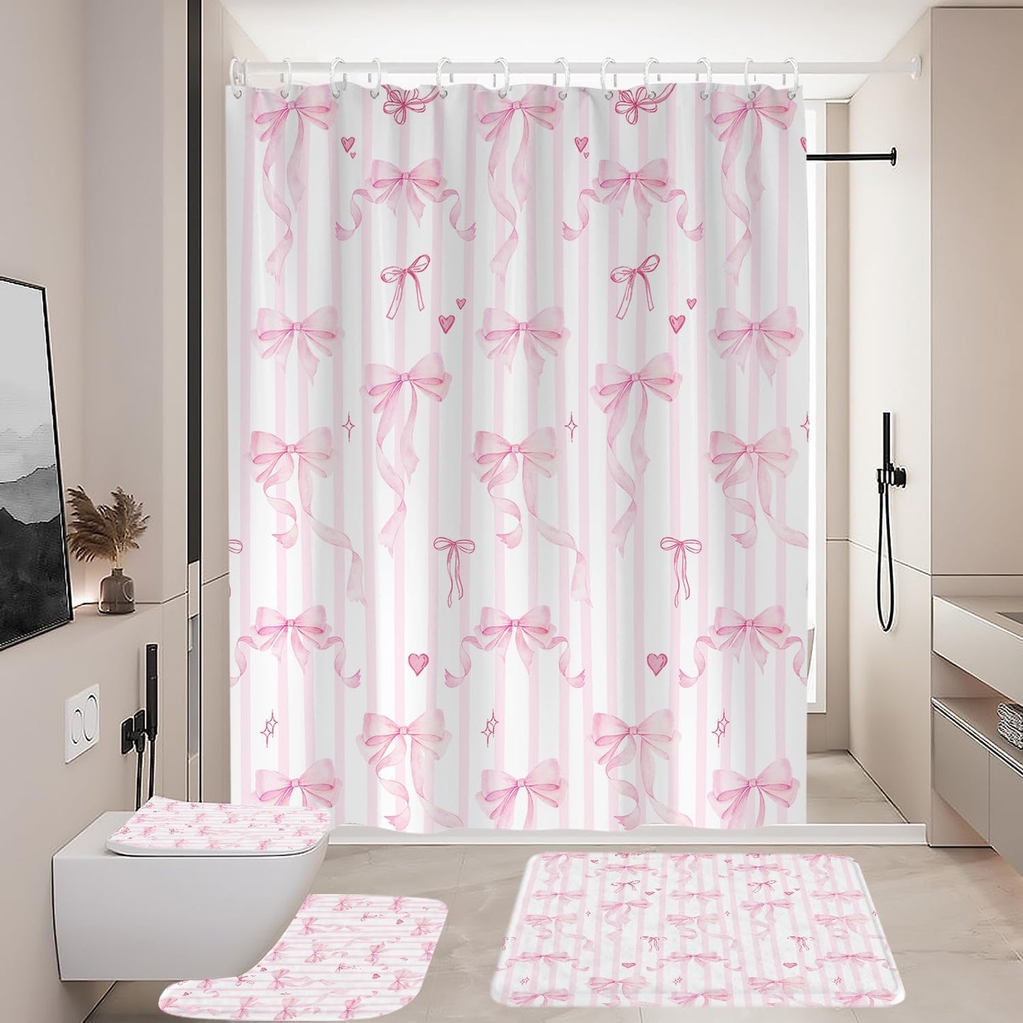 Coxila 4 PCs Pink Bow Bathroom Set with Shower Curtain 60x72 Inch, Girls Bath Decor for Kids Room, Aesthetic Preppy Print, Includes Non-Slip Bath Mat U-Shaped Rug and Toilet Lid Cover, 12 Hooks