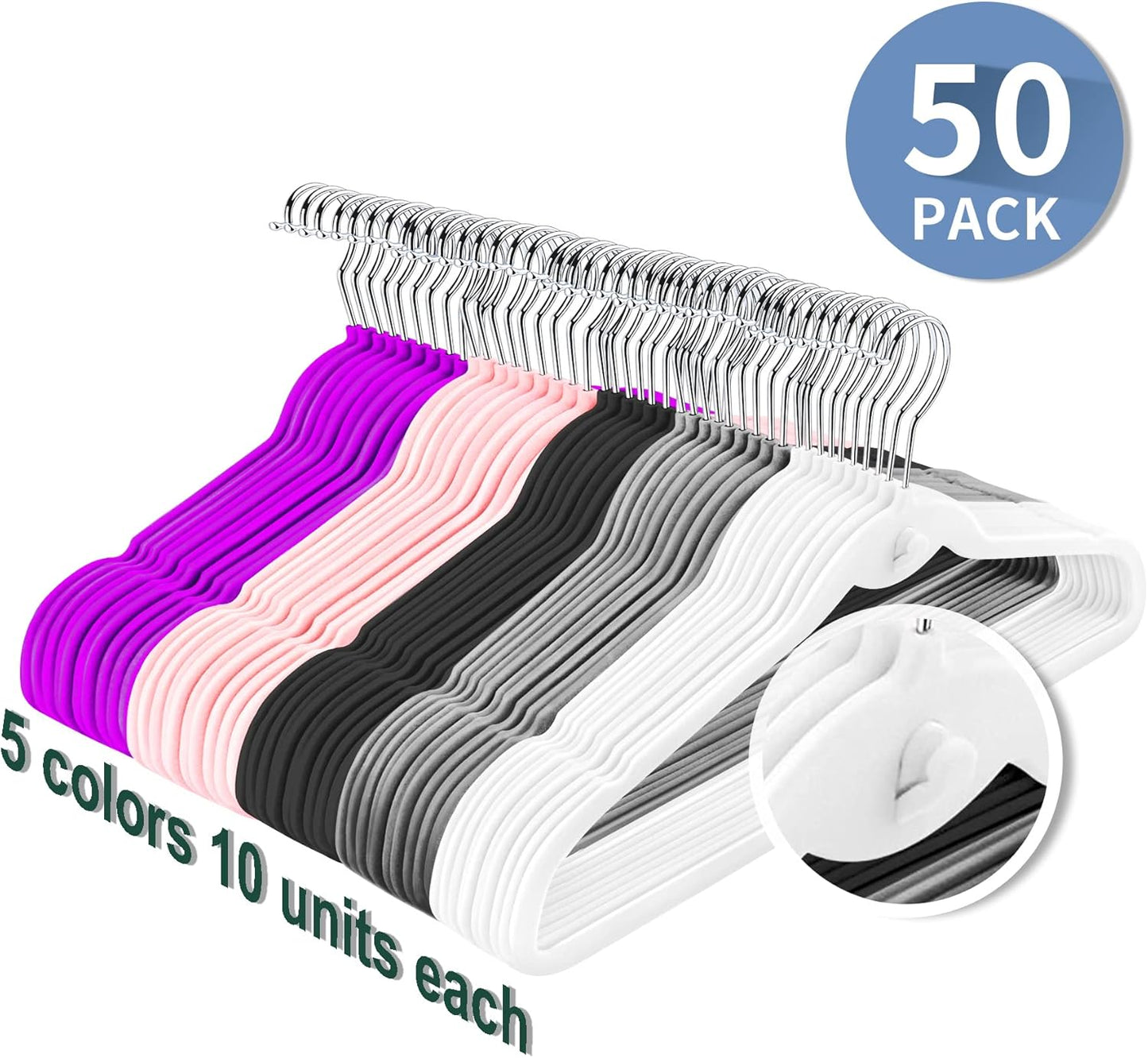 Multi-Color Velvet Hangers 50 Pack with Cascading Hooks, Non-Slip Black, Pink, White, Grey, and Purple Velvet Hangers for Clothes, Suits, and Coats