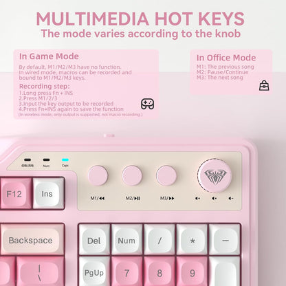 Aula F3099 Wireless Keyboard with Media Knob, Tri-Mode BT5.0/2.4GHz/USB-C Cute Creamy Keyboard with Number Pad, RGB Backlit Gaming Keyboard, Quiet Typing Pink Computer Keyboards for Office Laptop/PC