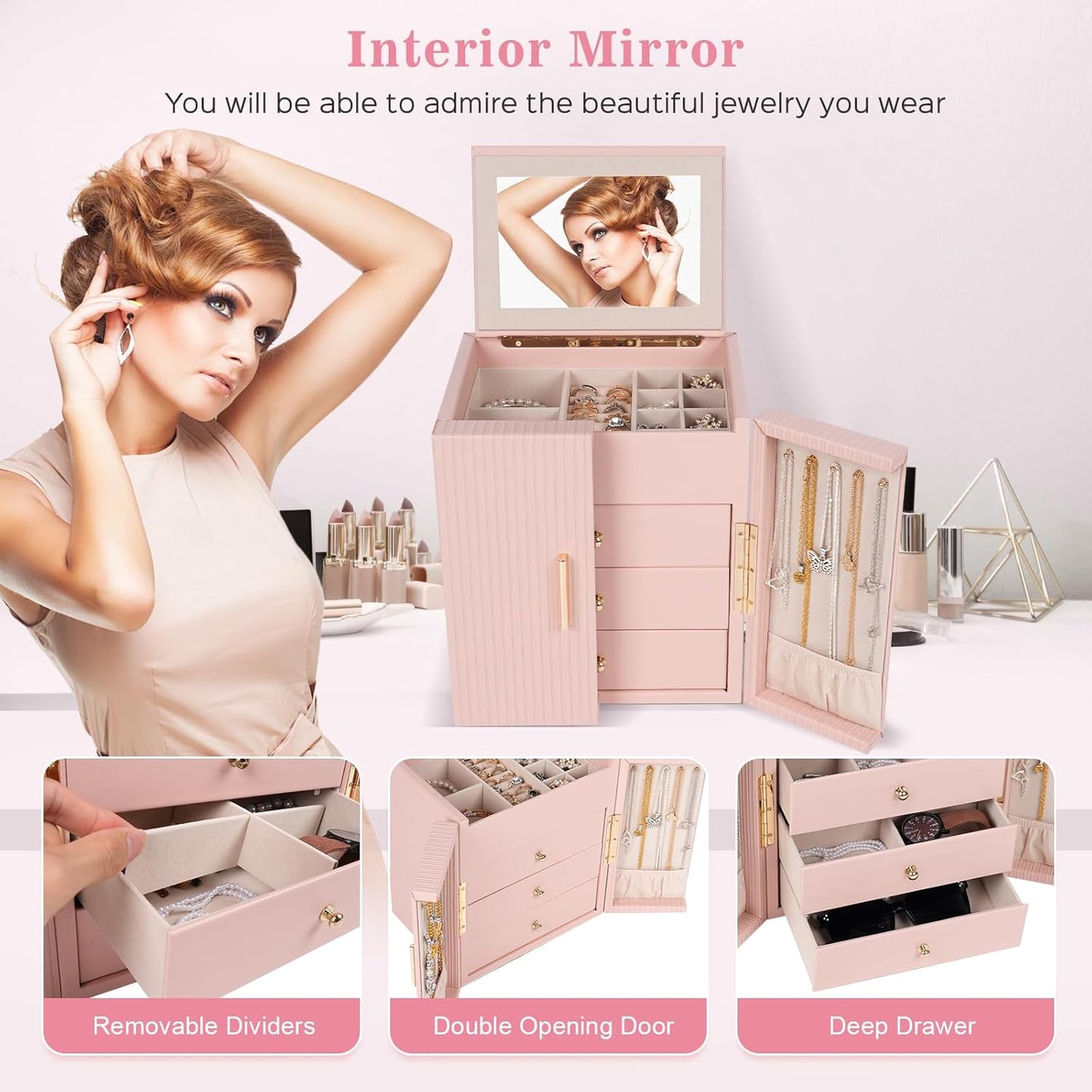 Dajasan Large Jewelry Box Organizer, Jewelry Storage with 3 Drawers, Huge Jewelry Box with Mirror, Gift Idea for Women, Girls, Double Door, Textured PU Leather Surface, Stylish (Pink + Gold)