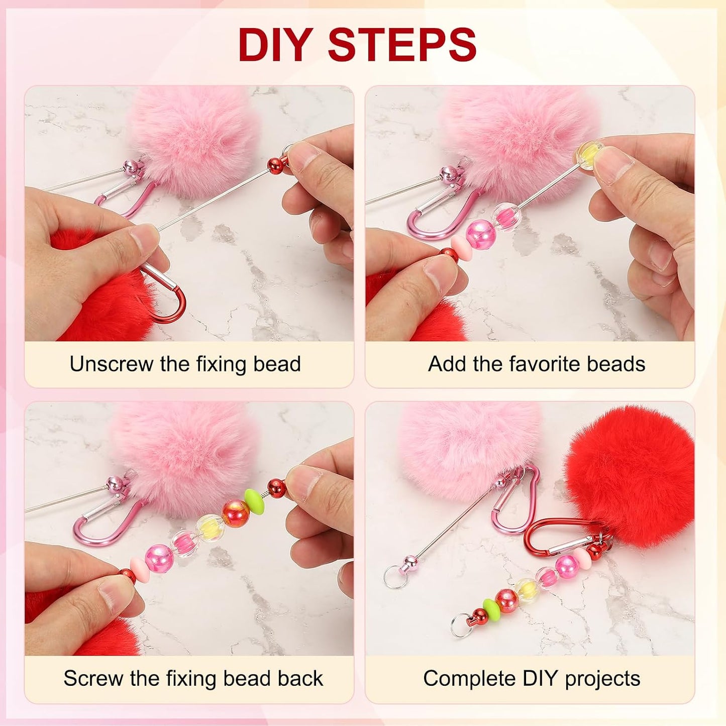 PATIKIL Beadable Keychain Bars, Plush Ball Beaded Keychain Blanks Bulk Making Supplies Kit with Snap Hook for Pendant DIY