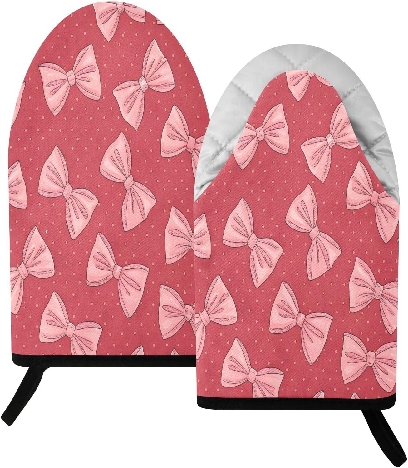 Red Pink Bows Non-Slip Oven Mitts Set Heat Resistant Kitchen Gloves with Quilted Liner Cotton Machine Washable with Hanging Loop for Baking Grilling BBQ