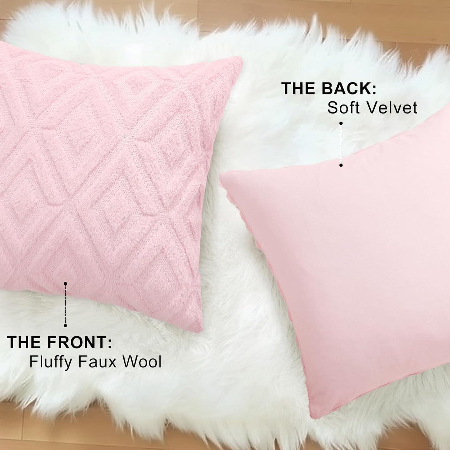 decorUhome Summer Couch Throw Pillow Covers 18x18 Set of 2, Decorative Soft Plush Faux Fur Wool Accent Pillow Covers for Modern Farmhouse Bed Sofa Living Room, Light Pink