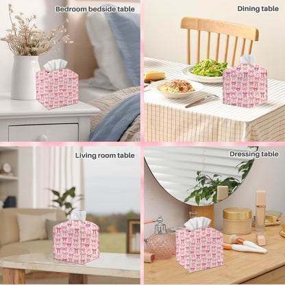 Tissue Box Cover, Tissue Box Holder, Square with Belt Bottom, PU Leather Decorative Organizer for Desk, Tabletop, Countertop Bathroom, Toilet Car, Office, Dresser Bedside, Aesthetic Pink Bow Decor