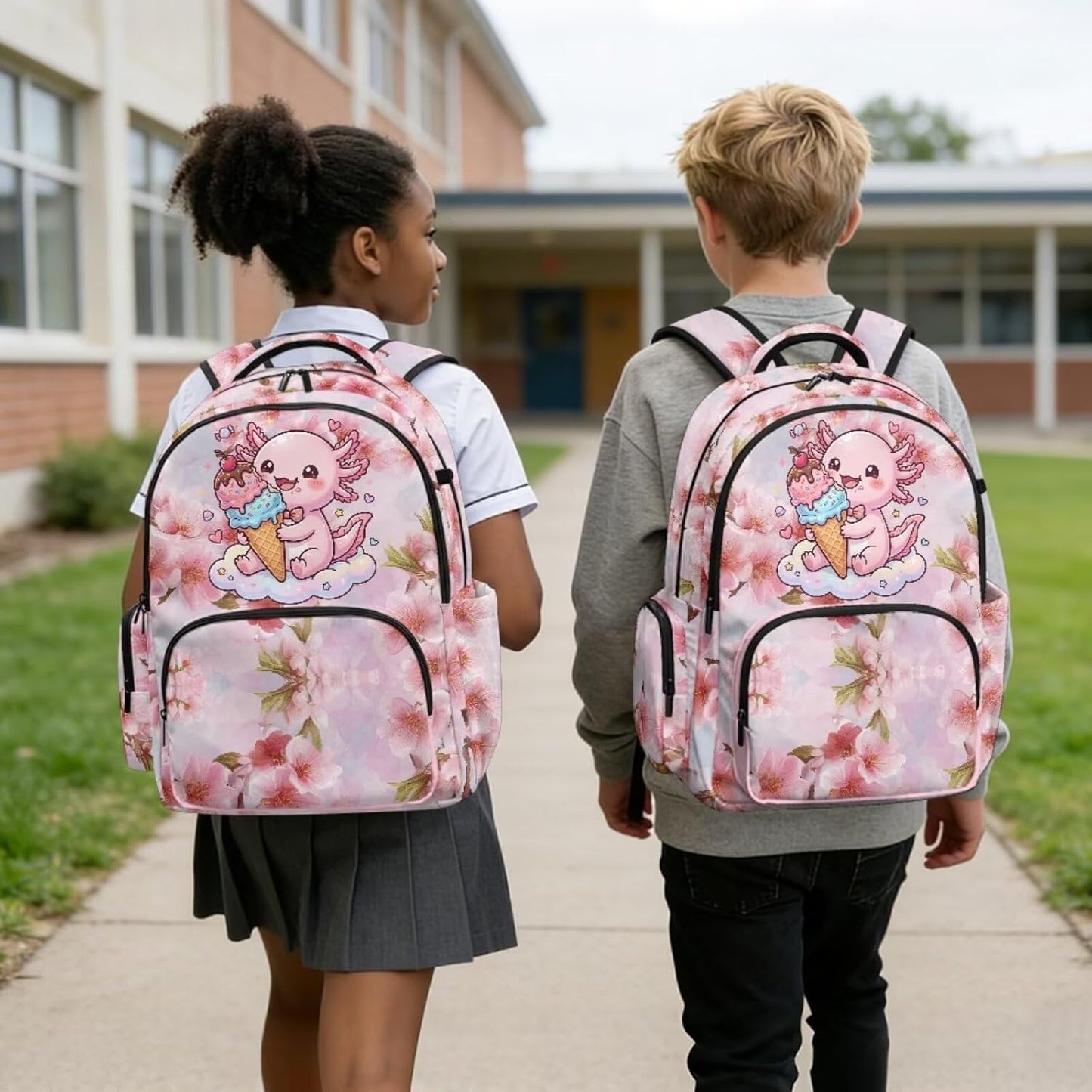 Axolotl Printed Kids Backpacks for Girls Cute Pink Cherry Blossom Printed Schoolbag Bookbag with Sturdy Top Handle Preschool Backpack for Teens Girls