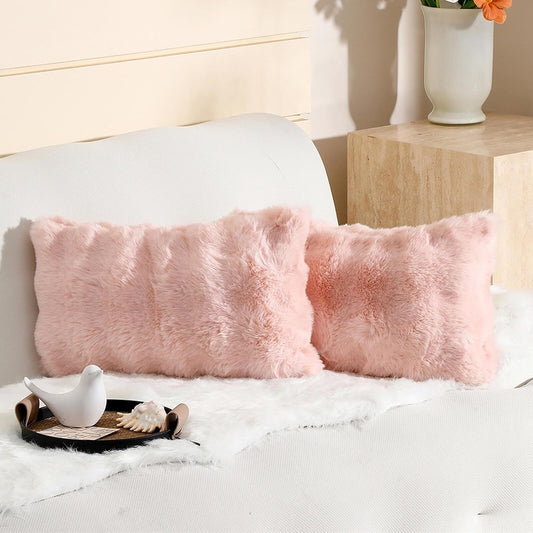 linmopm Excluding Insert Faux Rabbit Fur Bubble Pack of 2 Throw Pillow Cover Double Side 12x20 Inch Pink Thick Plush Dense Fuzzy Decorative Cushion Covers for Couch Bedroom