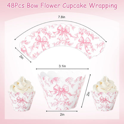 Whaline 48Pcs Pink Floral Bow Cupcake Wrappers Paper Cupcake Liners Chinoiserie Flower Bow Decorative Dessert Holders for Birthday Baby Shower Wedding Party Supplies