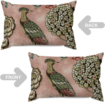 ArogGeld Chinoiserie Cushion Cover Pink Blush Chinoiserie Bird Throw Lumbar Pillow Cover Hydrangea Camellia and Peacock Pillow Cases Farmhouse Decor for Living Room Bedroom 12x20in White Flax