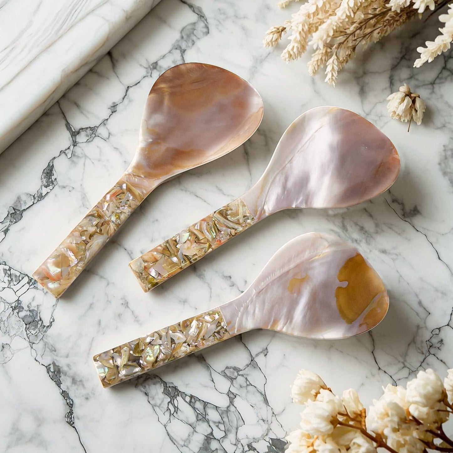 Natural Abalone Pearl Spoons – Handcrafted Round Handle Serving Utensils for Rice, Ice Cream & Salads | Restaurant & Home Kitchen Décor (Natural Pink)