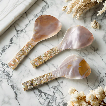 Natural Abalone Pearl Spoons – Handcrafted Round Handle Serving Utensils for Rice, Ice Cream & Salads | Restaurant & Home Kitchen Décor (Natural Pink)