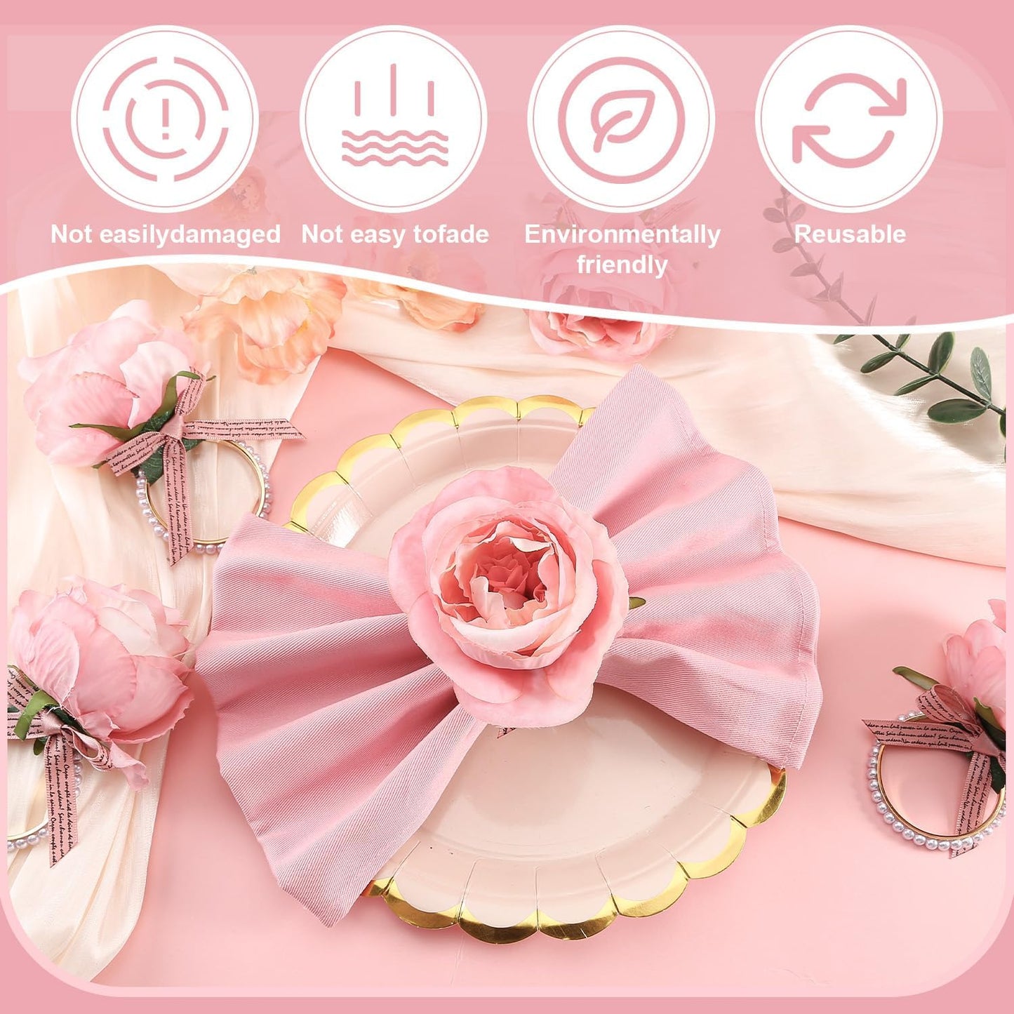 12 Pcs Rose Flower Napkin Rings, Pink Rose Floral Napkin Holders with Pearls Rings for Wedding, Valentine's Day, Luncheons, Birthday Party Dining Table Decor