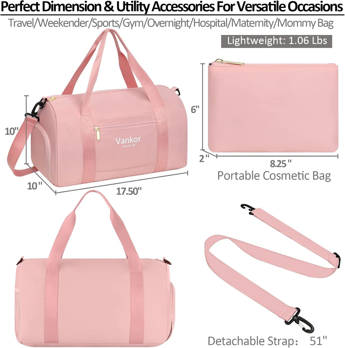 Vankor Small Gym Bag for Women with Shoe Compartment, Waterproof Sports Duffle Bag for Travel Carry on Duffel, Weekender Beach Yoga Workout Overnight Mommy Maternity Hospital Bag Pink 17.5 inches