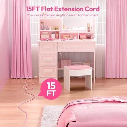 Pink Power Strip, NTONPOWER Power Strip Flat Extension Cord 15FT, 9 Outlets 3 USB Ports(1 USB C), Wall Mount, 1080J, Multiple Outlets for Home, Dorm, Vanity Desk, Nightstand,Women