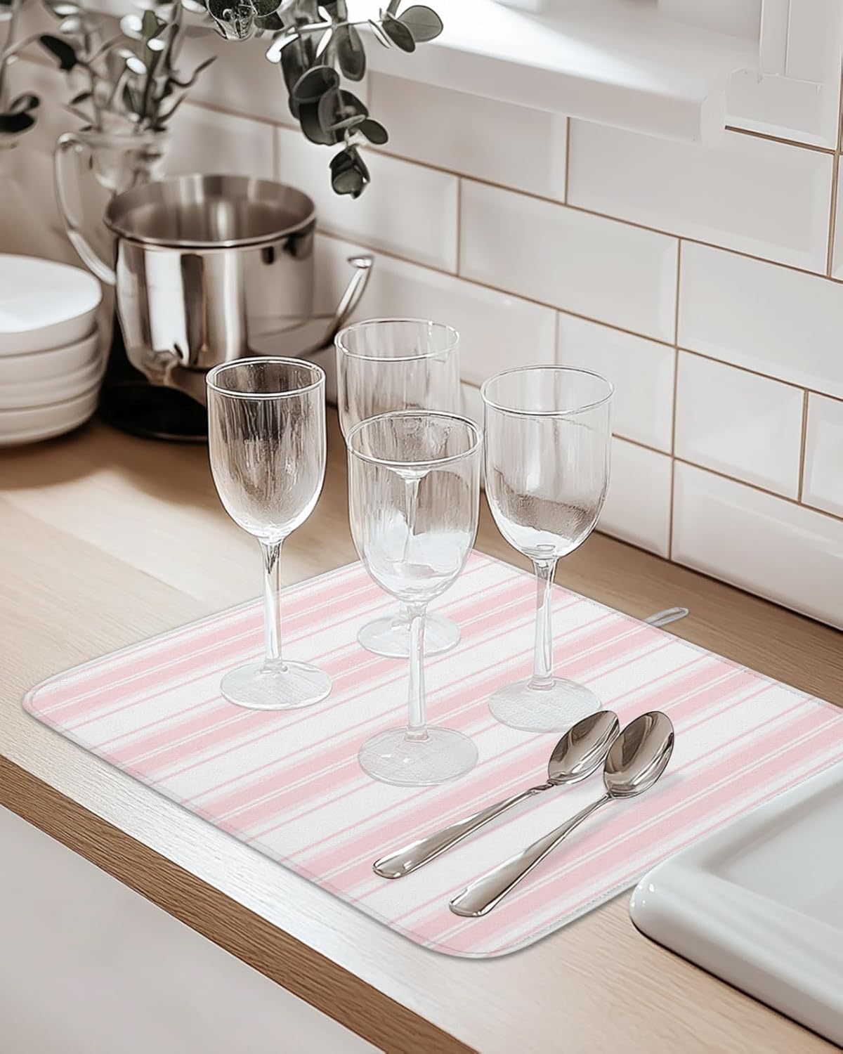 Pink Striped Dish Drying Mat 2 Pack, Vertical Stripe Modern Minimalist Absorbent Heat Insulating Kitchen Drying Pad Drainer Mats for Sink Counter Pot Dishes 18 X 24 Inch