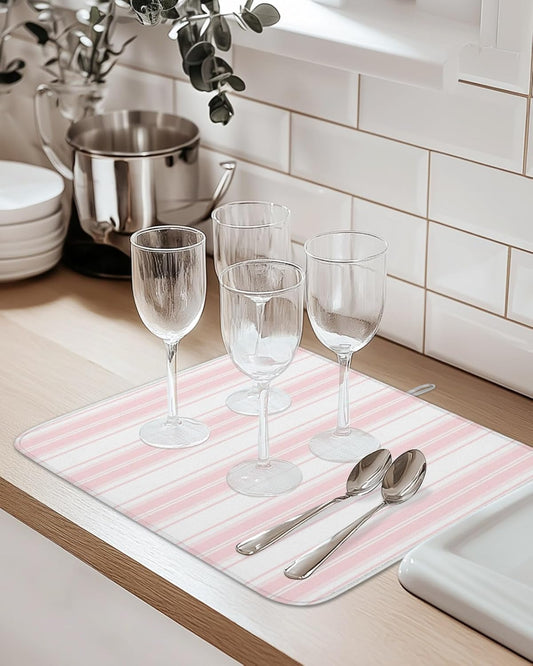 Pink Striped Dish Drying Mat 2 Pack, Vertical Stripe Modern Minimalist Absorbent Heat Insulating Kitchen Drying Pad Drainer Mats for Sink Counter Pot Dishes 18 X 24 Inch